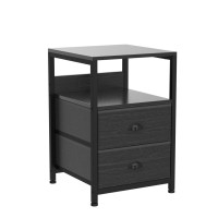 Furologee Nightstand Set Of 2 Black Oak With Charging Station And Usb Ports Side Tables With 2 Fabric Drawers Bedside Tables