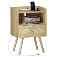 Superjare Nightstand With Charging Station Rattanlike Decor Drawer Rattan End Table With Solid Wood Feet Bed Side Table Wit