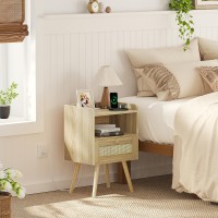 Superjare Nightstand With Charging Station Rattanlike Decor Drawer Rattan End Table With Solid Wood Feet Bed Side Table Wit