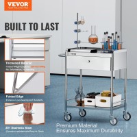 Vevor Medical Cart, 2-Layer Stainless Steel Cart 220 Lbs Weight Capacity, Lab Utility Cart With 360 Silent Wheels And A Drawer For Lab, Clinic, Kitchen, Salon