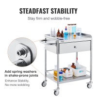 Vevor Medical Cart, 2-Layer Stainless Steel Cart 220 Lbs Weight Capacity, Lab Utility Cart With 360 Silent Wheels And A Drawer For Lab, Clinic, Kitchen, Salon