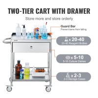 Vevor Medical Cart, 2-Layer Stainless Steel Cart 220 Lbs Weight Capacity, Lab Utility Cart With 360 Silent Wheels And A Drawer For Lab, Clinic, Kitchen, Salon