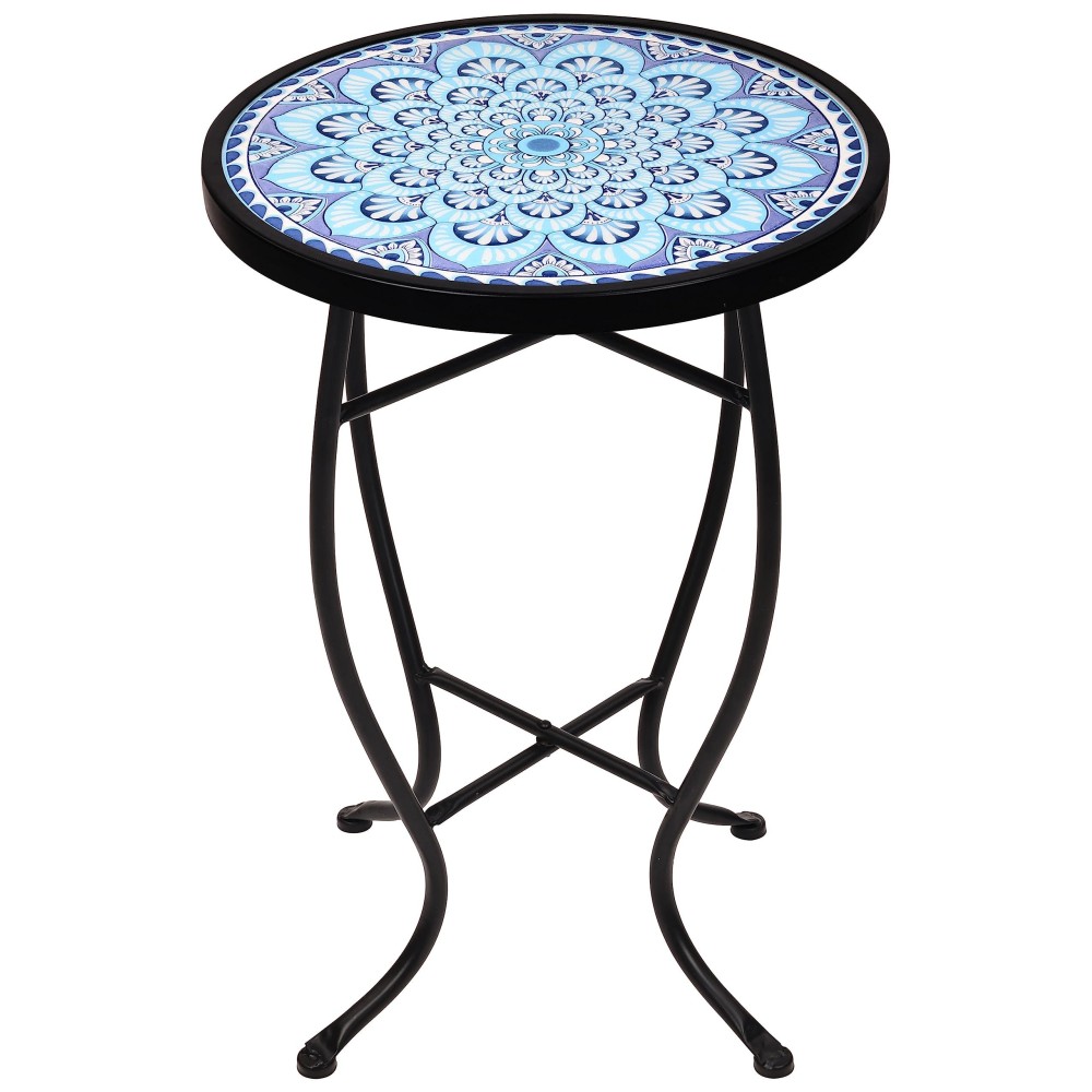 Elevon 14 Inch Round Side Ceramic Tile Top Indoor And Outdoor Accent Table Greek