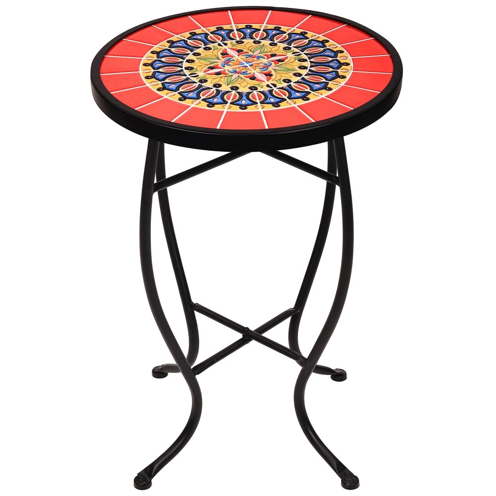 Elevon 14 Inch Round Side Ceramic Tile Top Indoor And Outdoor Accent Table Sun