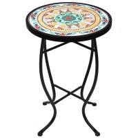 Elevon 14 Inch Round Side Ceramic Tile Top Indoor And Outdoor Accent Table Pineapple