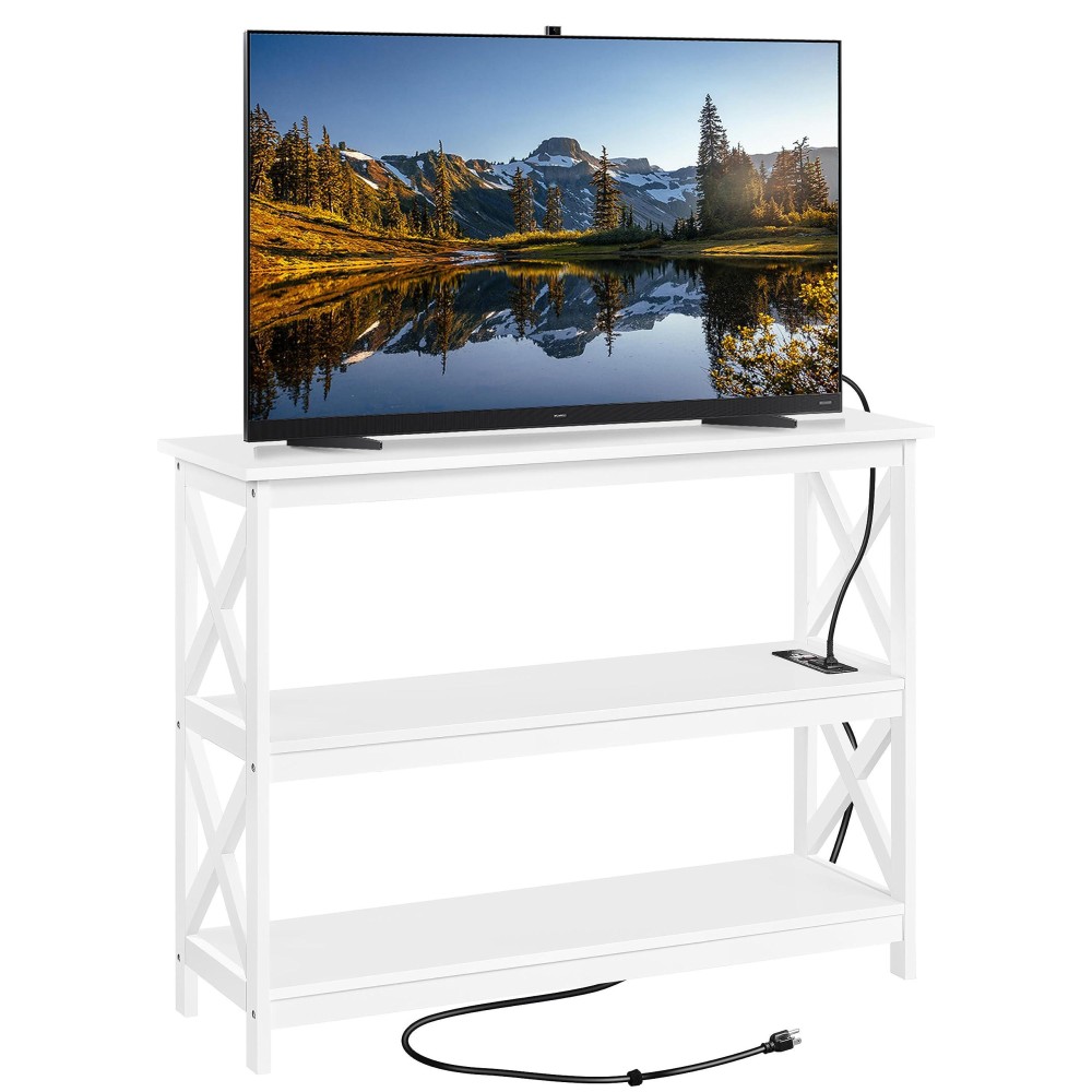 Yaheetech Tv Stand With Power Outlet, Entertainment Center For Tv Up To 45 Inch, 3-Tier Open Storage Shelf, Media Console Table For Living Room Bedroom, White