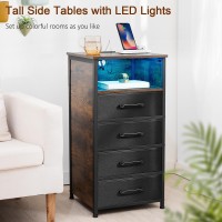 Loakekel Night Stand Tall Nightstand Set Of 2 With Charging Station Dresser For Bedroom With 4 Drawers Led End Tables With Us