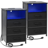 Loakekel Black Night Stand Set 2 Led Nightstand With Charging Station End Tables With 3 Fabric Drawers Bedside Table With Usb