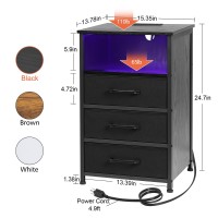 Loakekel Black Night Stand Set 2 Led Nightstand With Charging Station End Tables With 3 Fabric Drawers Bedside Table With Usb