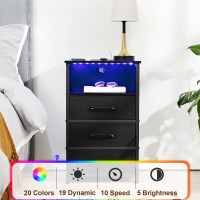 Loakekel Black Night Stand Set 2 Led Nightstand With Charging Station End Tables With 3 Fabric Drawers Bedside Table With Usb