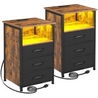 Loakekel Night Stand Set 2 Led Nightstand With Charging Station End Tables With 3 Fabric Drawers Bedside Table With Usb Type