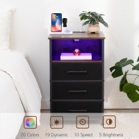 Loakekel Night Stand Set 2 Led Nightstand With Charging Station End Tables With 3 Fabric Drawers Bedside Table With Usb Type