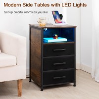 Loakekel Night Stand Set 2 Led Nightstand With Charging Station End Tables With 3 Fabric Drawers Bedside Table With Usb Type