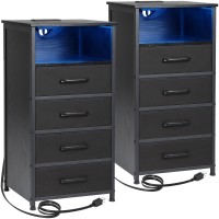 Loakekel Night Stand Tall Nightstand Set Of 2 With Charging Station Black Dresser For Bedroom With 4 Drawers Led End Tables W