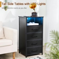 Loakekel Night Stand Tall Nightstand Set Of 2 With Charging Station Black Dresser For Bedroom With 4 Drawers Led End Tables W