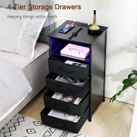 Loakekel Night Stand Tall Nightstand Set Of 2 With Charging Station Black Dresser For Bedroom With 4 Drawers Led End Tables W