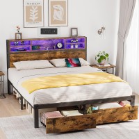 Alohappy Queen Bed Frame With Storage Headboard And Drawers Metal Platform Bed Frame Queen Size With Rgb Led Lights And Charging