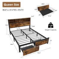 Alohappy Queen Bed Frame With Storage Headboard And Drawers Metal Platform Bed Frame Queen Size With Rgb Led Lights And Charging