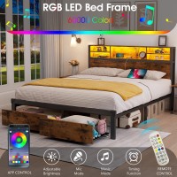 Alohappy Full Size Bed Frame With Storage Headboard And Drawers Metal Platform Bed Frame Rgb Led Lights And With Charging Stati