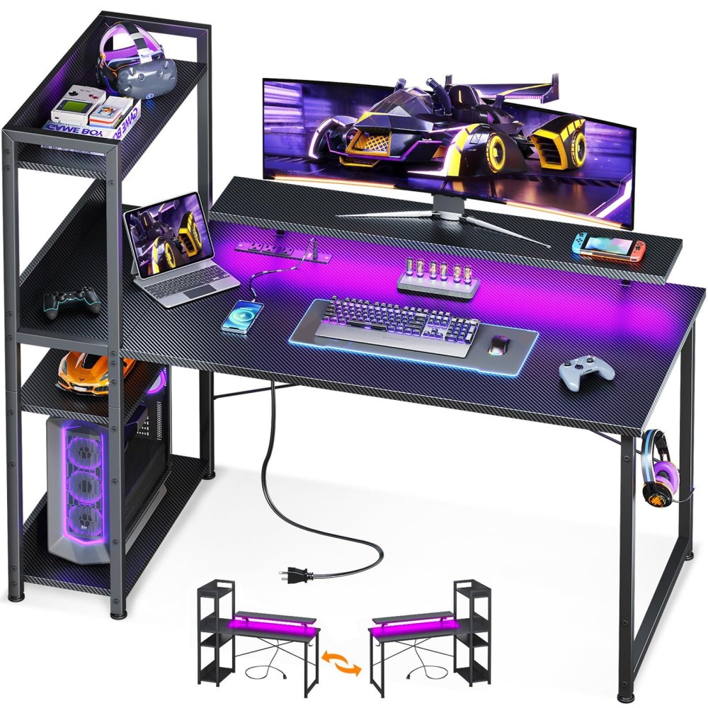 Odk Reversible Gaming Desk With Power Outlets And Led Lights 48 Inch Computer Desk With Storage Shelves And Monitor Stand Mode