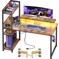 Odk Reversible Gaming Desk With Usb Charging Port And Led Lights 40 Inch Computer Desk With Storage Shelves Monitor Stand Wr