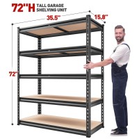 Reibii 72 H Garage Shelving Heavy Duty Storage Shelves 2000Lbs Adjustable 5 Tier Metal Shelves For Storage Shelving Units And