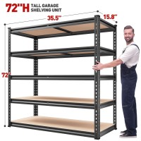 Reibii 72 H Garage Shelving Heavy Duty Storage Shelves 2000Lbs Adjustable 5 Tier Metal Storage Shelving For Garage Storage She