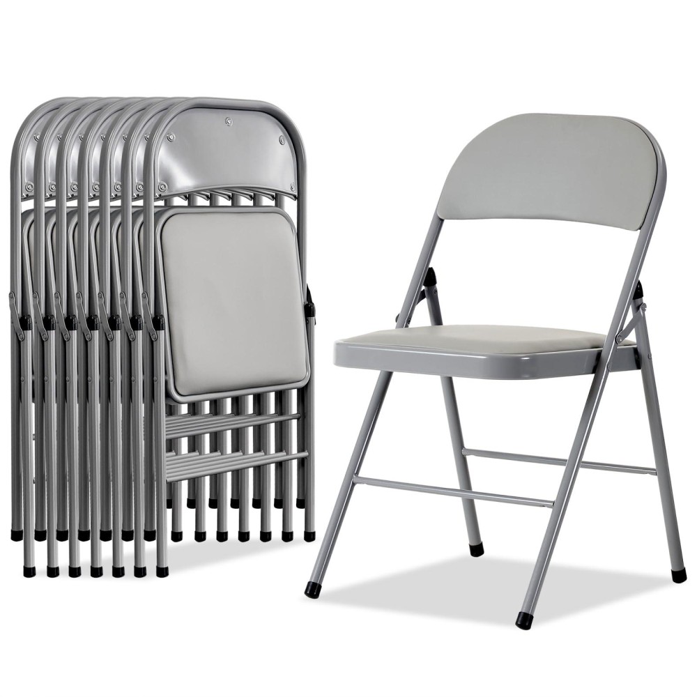 Karl Home 8 Pack Grey Folding Chairs With Padded Seats For Outdoor Indoor Portable Stackable Commercial Seat With Steel Frame