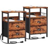 Furologee Nightstand Set Of 2, Rustic Brown, With Charging Station And Usb Ports, Side Tables With 2 Fabric Drawers, Bedside Tables With Storage Shelf & Hooks, For Living Room/Bedroom