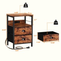 Furologee Nightstand Set Of 2, Rustic Brown, With Charging Station And Usb Ports, Side Tables With 2 Fabric Drawers, Bedside Tables With Storage Shelf & Hooks, For Living Room/Bedroom