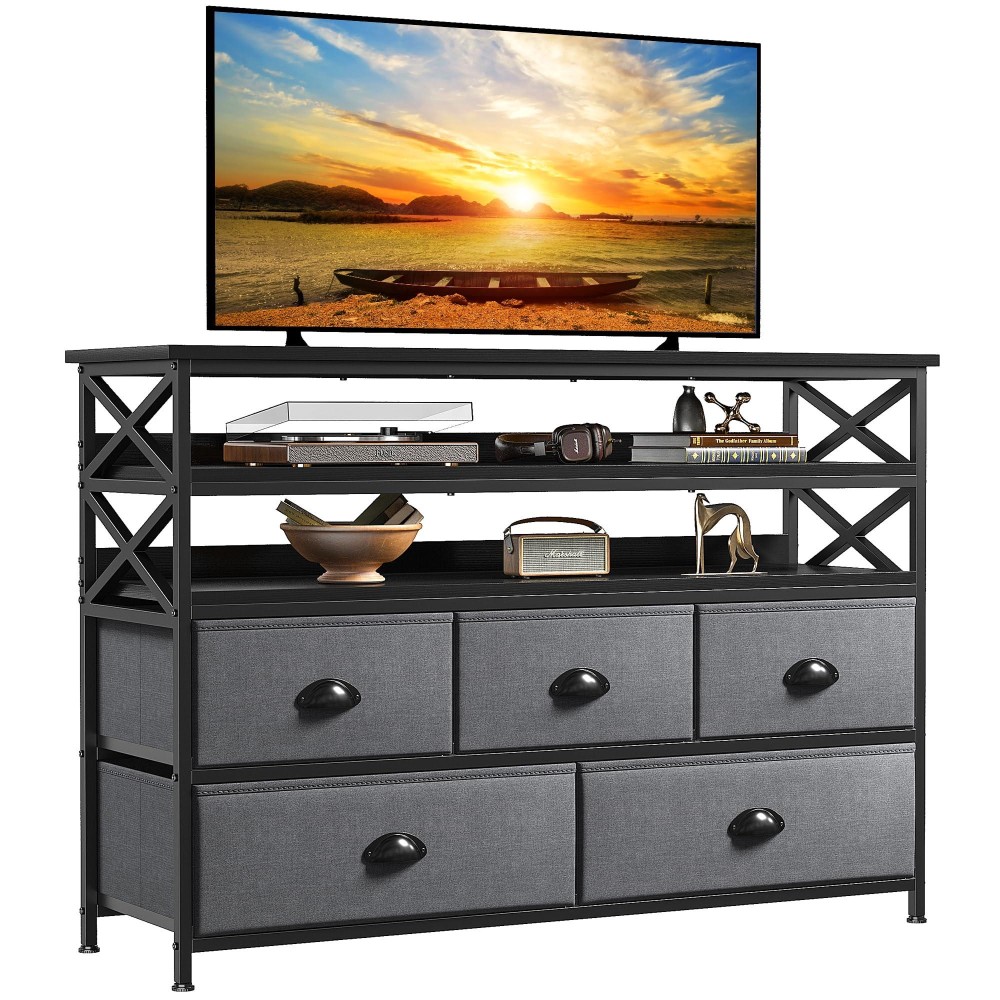 Enhomee Dresser Tv Stand For Bedroom Entertainment Center With Fabric Drawers Up To 55''Tv Media Console Table With Wood Open Shelves Storage Drawer Dresser For Bedroom, Living Room, Entryway, Grey