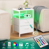 Yoobure Nightstand With Charging Station Led Night Stand With Fabric Drawers And Storage Shelf For Bedroom Nightstands Bedside