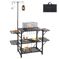 Wgos Camping Table, Camping Kitchen Table, Grill Cart Table Kitchen Station, For Outside With Light Stand (Black)