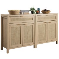 Sicotas Sideboard Buffet Storage Cabinet Set Of 2 Rattan Credenza Buffet Table Boho Console Accent Cabinet With Doors And Draw