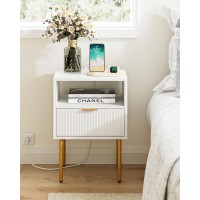 Aepoalua Nightstand With Charging Station,Small Bedside Table With Gold Frame,White Night Stand,Bedside Furniture,Side Table With Drawer And Shelf For Bedroom,Living Room,Stripe