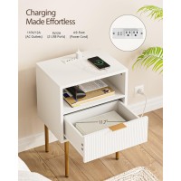 Aepoalua Nightstand With Charging Station,Small Bedside Table With Gold Frame,White Night Stand,Bedside Furniture,Side Table With Drawer And Shelf For Bedroom,Living Room,Stripe