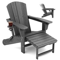 KINGYES Folding Adjustable Adirondack Chair with Retractable Ottoman, HDPE Weather Resistance Oversized Outdoor Chair with Cup Holder, Wood-Like Reclining Versatile Adirondack Chair, Grey