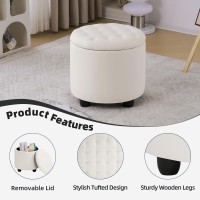 Furniliving Upholstered Button Tufted Round Ottoman, PU Storage Ottoman Round, Removable Lid Convenient Footstools, Classic Ottoman with Storage for Vanity, Nursery Room,IvoryWhite