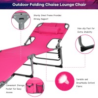 Gymax Tanning Chair, Folding Beach Lounger With Face Arm Hole, Adjustable Backrest, Side Pocket, Pillow & Carry Handle, Outside Sunbathing Lounge Chair For Patio, Poolside, Lawn (1, Pink)