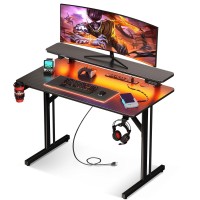 Motpk Small Gaming Desk With Led Lights Power Outlets 31 Inch Computer Desk Gaming Table With Monitor Shelf Gamer Desk With