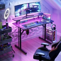 Motpk Small Gaming Desk With Led Lights Power Outlets 31 Inch Computer Desk Gaming Table With Monitor Shelf Gamer Desk With