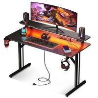 Motpk Small Gaming Desk With Led Lights Power Outlets 39 Inch Computer Desk Gaming Table With Monitor Shelf Gamer Desk With