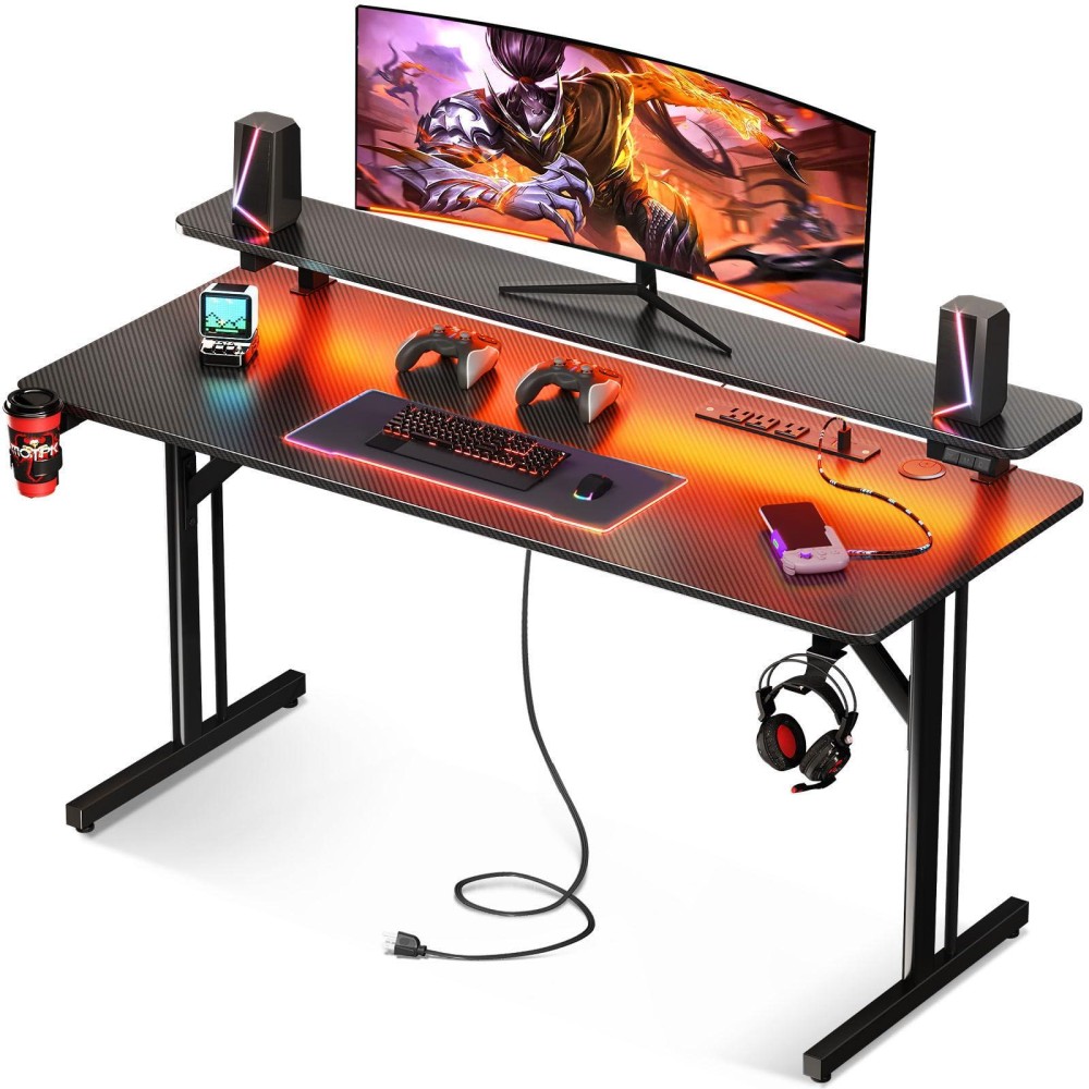 Motpk Gaming Desk With Led Lights Power Outlets 47 Inch Computer Desk Gaming Table With Monitor Shelf Gamer Desk With Carbon