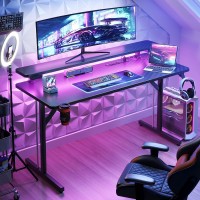 Motpk Gaming Desk With Led Lights Power Outlets 47 Inch Computer Desk Gaming Table With Monitor Shelf Gamer Desk With Carbon