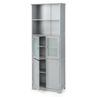 Costway Tall Bathroom Storage Cabinet, Freestanding Kitchen Pantry Cabinet With Glass Doors And Adjustable Shelf, 64??Wooden Linen Floor Cabinet For Bathroom, Living Room, Kitchen (Grey)