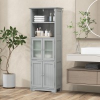 Costway Tall Bathroom Storage Cabinet, Freestanding Kitchen Pantry Cabinet With Glass Doors And Adjustable Shelf, 64??Wooden Linen Floor Cabinet For Bathroom, Living Room, Kitchen (Grey)