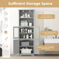 Costway Tall Bathroom Storage Cabinet, Freestanding Kitchen Pantry Cabinet With Glass Doors And Adjustable Shelf, 64??Wooden Linen Floor Cabinet For Bathroom, Living Room, Kitchen (Grey)