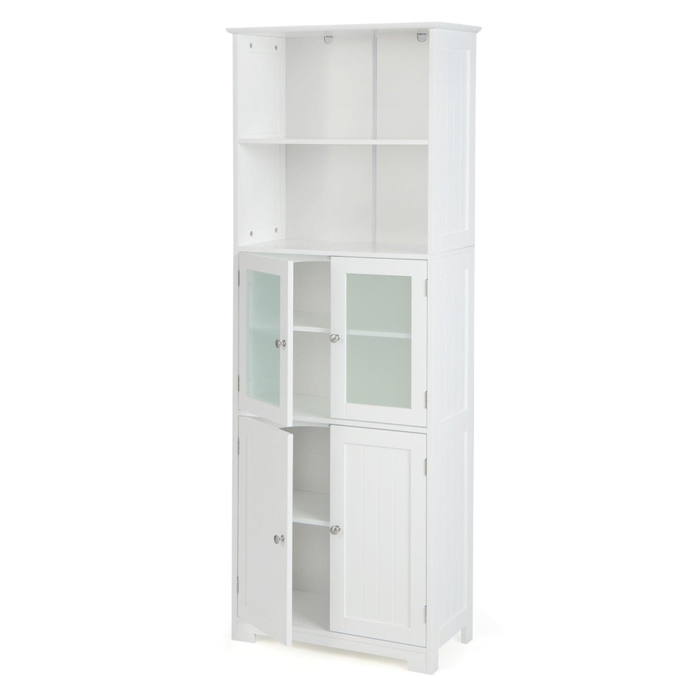 Costway Tall Bathroom Storage Cabinet, Freestanding Kitchen Pantry Cabinet With Glass Doors And Adjustable Shelf, 64??Wooden Linen Floor Cabinet For Bathroom, Living Room, Kitchen (White)