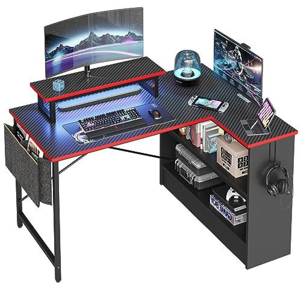 Bestier Small L Shaped Gaming Desk With Led Lights, 42 Inch Computer Desk With Monitor Stand, Open Storage Cabinet & Side Storage Bag, Corner Desk With Hooks For Bedroom Home Office