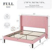 Allewie Full Size Velvet Bed Frame/Vertical Channel Tufted Wingback Headboard/Upholstered Platform Bed/Strong Wooden Slats/No Box Spring Needed/Easy Assembly/Pink